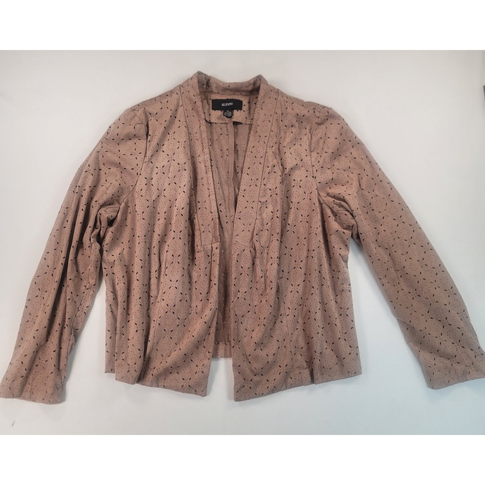 Alfani Womens XL Faux Suede Jacket Taupe Laser Cut Floral Open Front Boho Draped